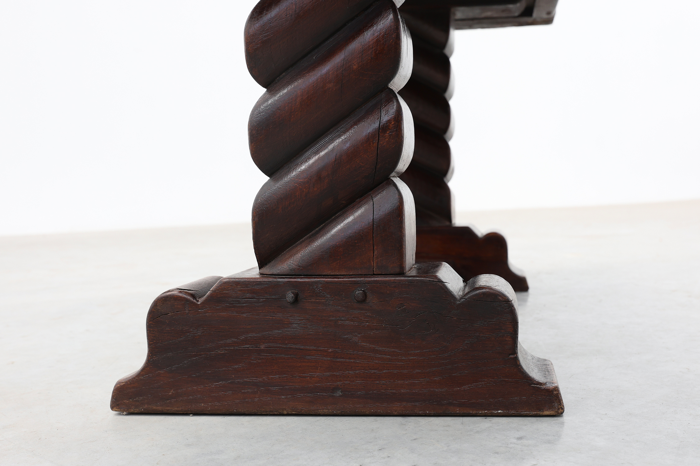 Dark Oak Coffee Table with Spiral‑Turned Trestle Legs, France, circa 1915thumbnail
